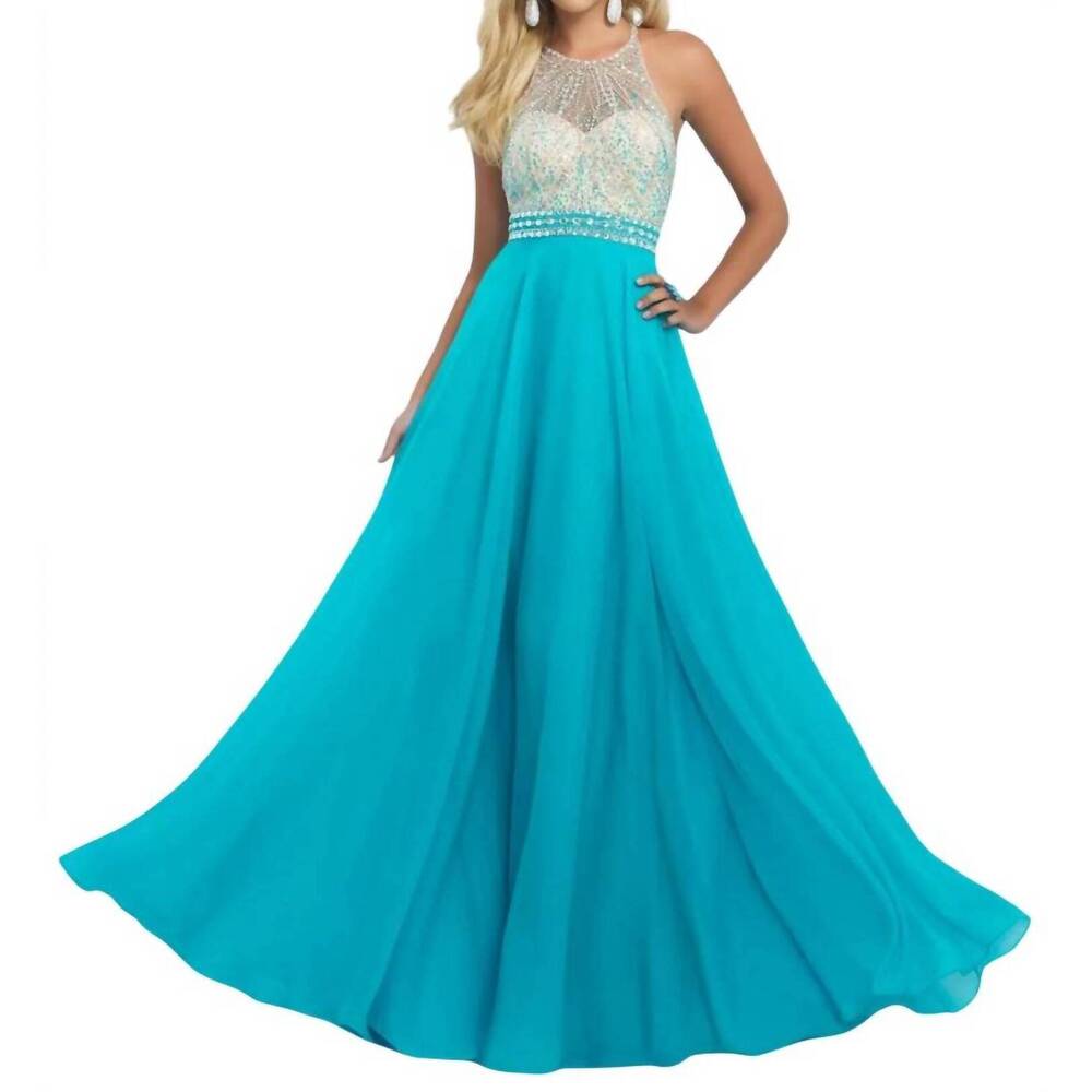 NEW BLUSH PROM crystals embellished halter a-line gown in turquoise